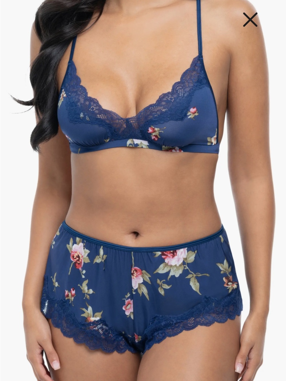 Floral Lace-Trim Bralette & Shorts Set - Blue